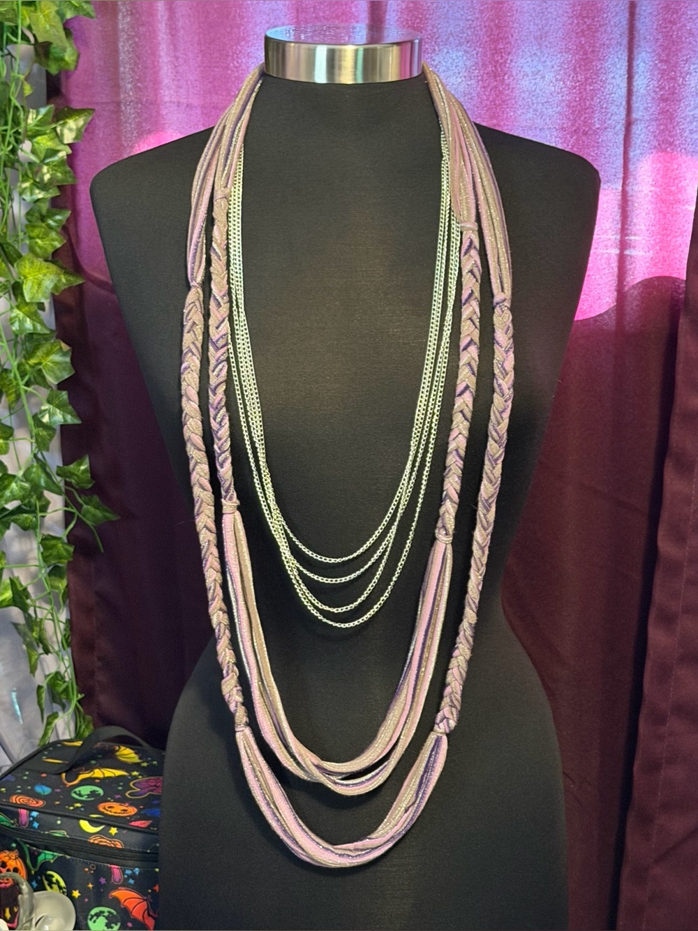 Mark Embellish A Little Y2K Metallic Thread Fabric Necklace With Chain Purple